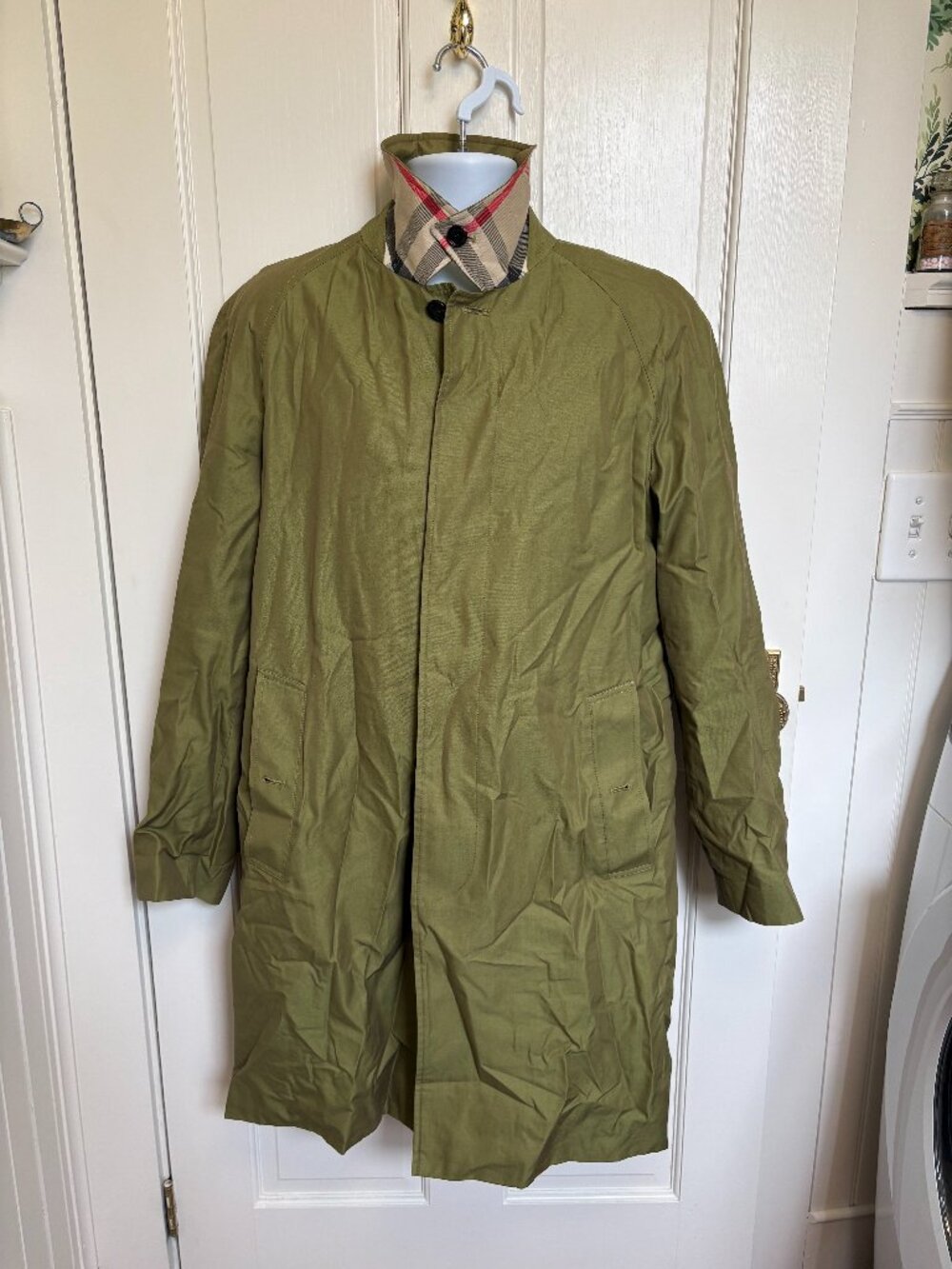 Burberry London Men’s Car Coat Olive Green Nova Check Lined Cotton Raincoat - Picture 2 of 13